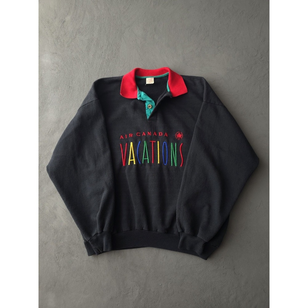 Vintage 80s Air Canada Vacations Black Collared Sweatshirt XL